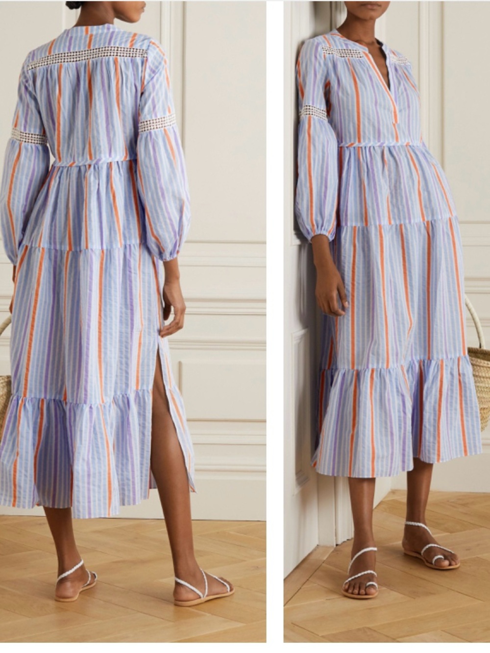 Lemlem Striped Tiered Midi Dress in Lavender, White & Orange